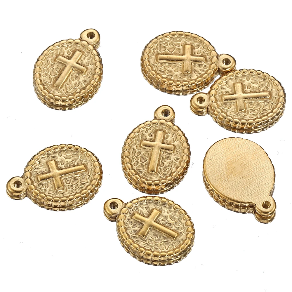 5 Pieces of Stainless Steel Vintage Embossed Oval Cross Pendant DIY Earrings Necklace Jewelry Making Accessories