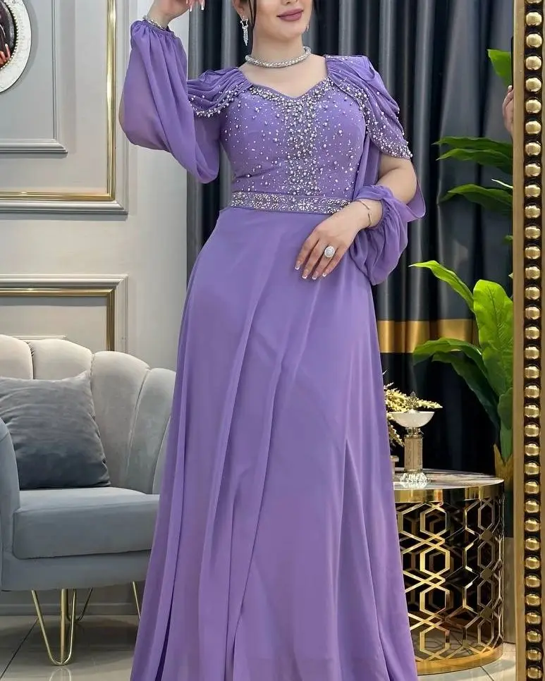 Elegant Long Sleeves Evening Dresses Chiffon Prom Dresses Beadings Pleated Floor Length Formal Occasion Party Dresses