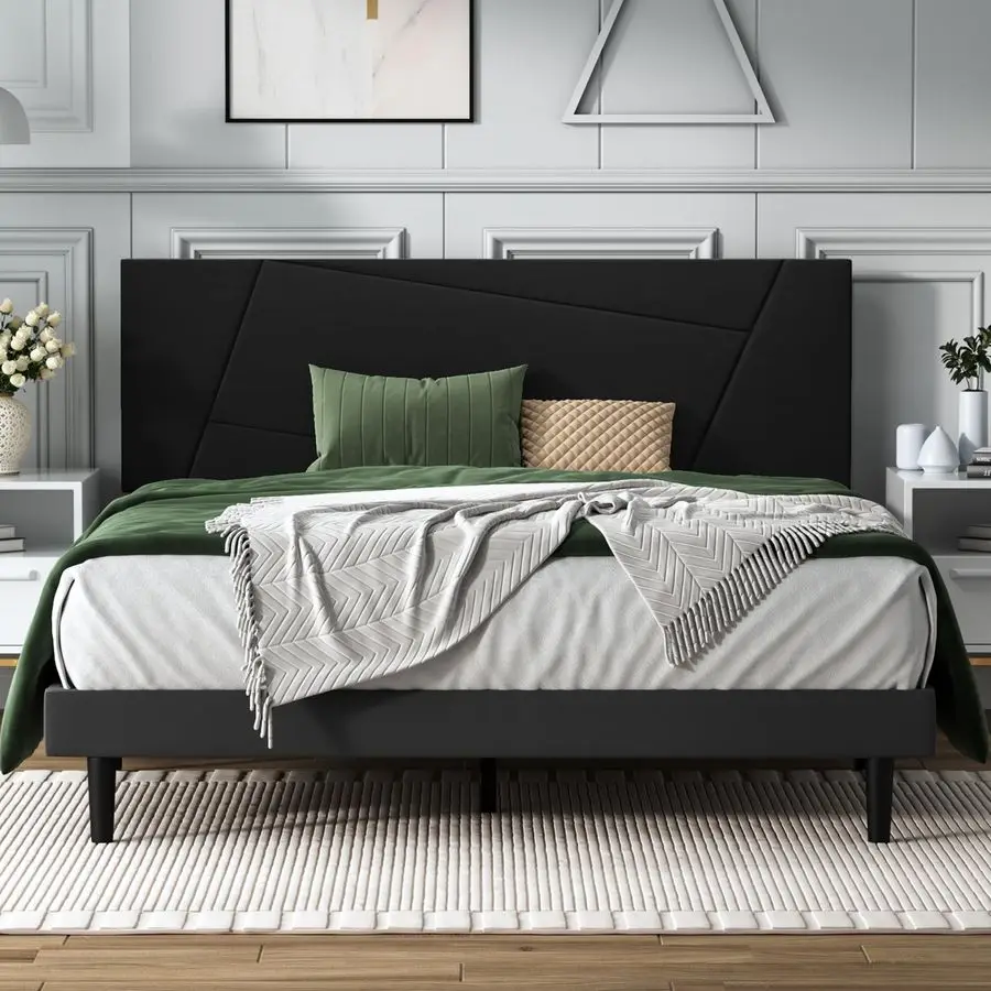 

Каркас кровати размера, Каркас кровати размера «queen-size» с изголовьем с бархатной обивкой, геометрическим узором, прочный каркас и планки, бесшумный
