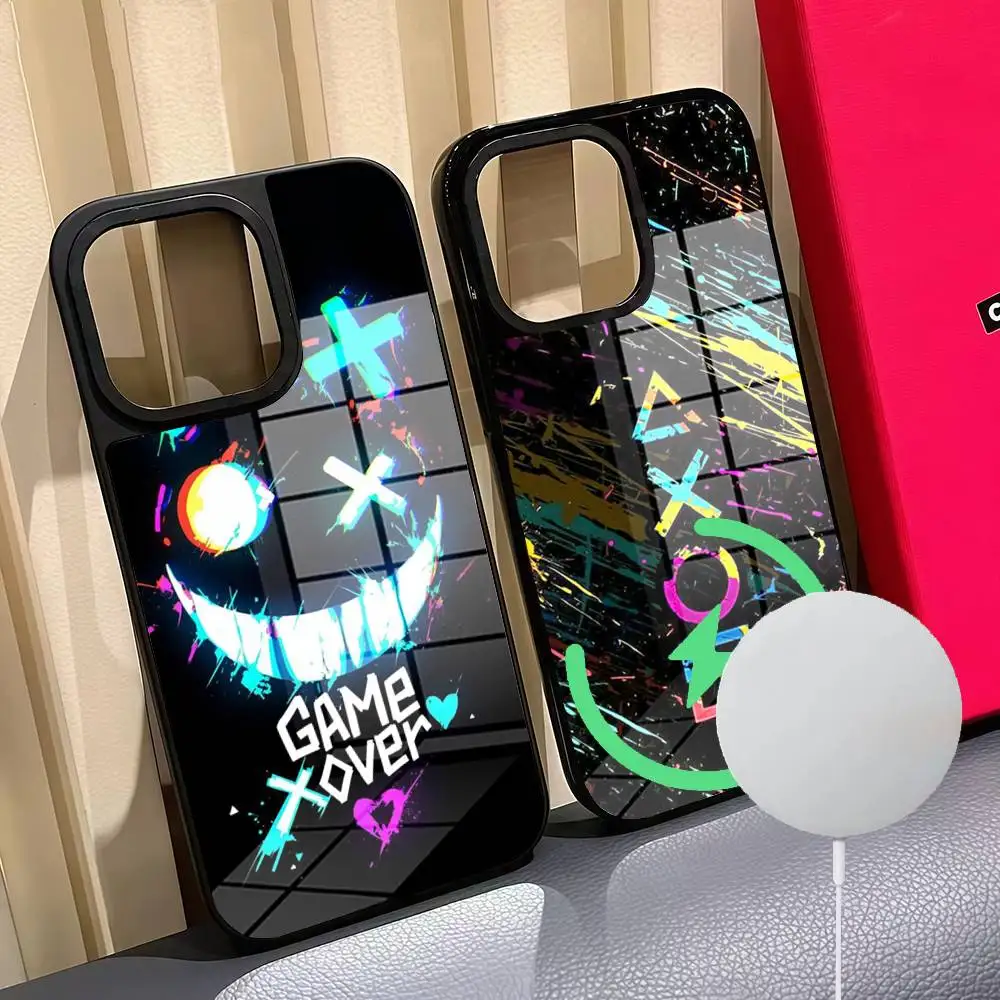 

Game Over Phone Case For Iphone 16 15 14 12 11 13 Pro Max Mini Puls Magnetic Glass Cover
