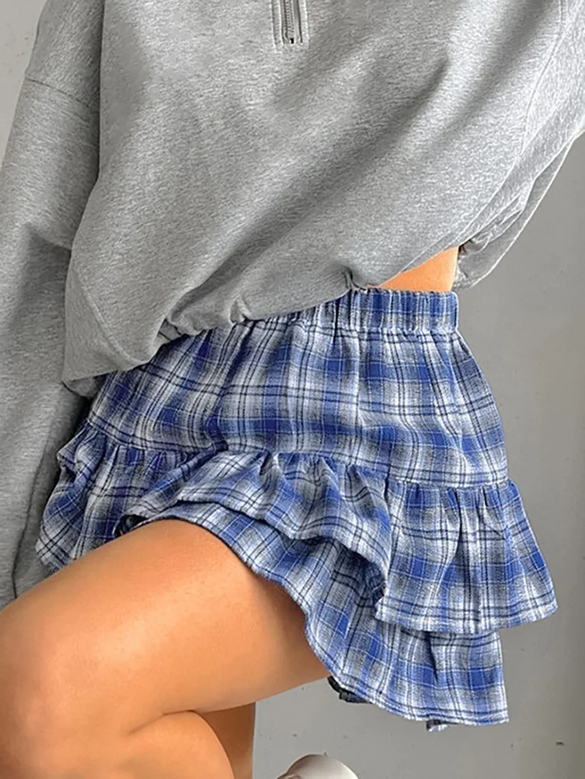 Plaid Layered Ruffle Mini Skirt for Women Girls Preppy Style High Elastic Band Short A-Line Skirts Streetwear Aeshtetic Clothes