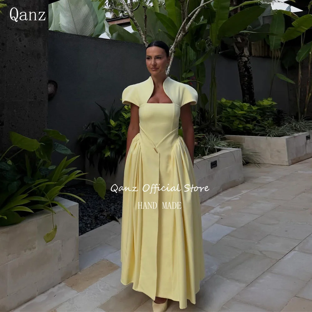 

Qanz Elegant Women Prom Dress Yellow Satin Long A Line Formal Evening Gowns Backless Ankel Length Vestidos De Fiesta Customized