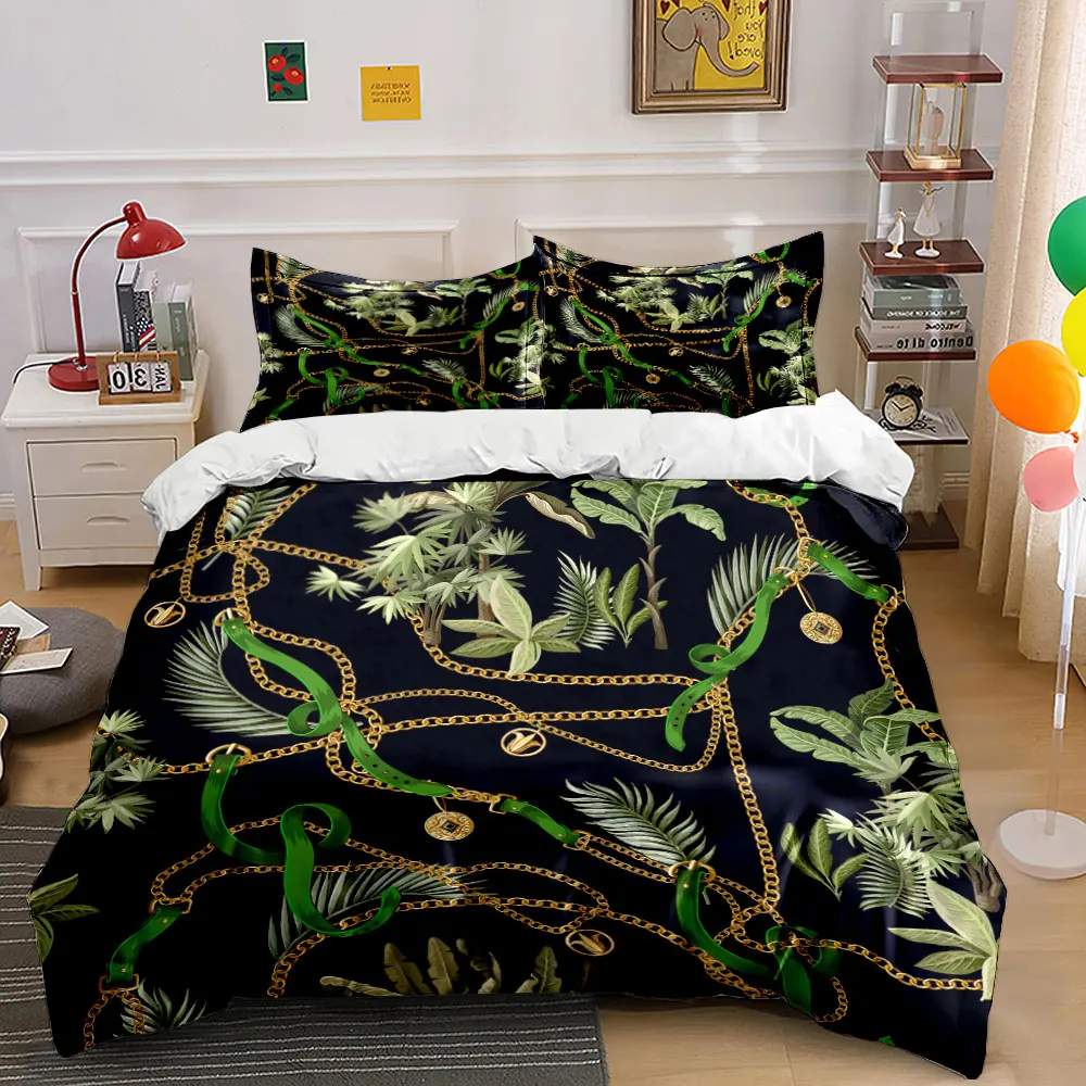 Gold Chains and Green Leaves Pattern Print Soft Comfortable Duvet Cover Bedding Set Included 1*Duvet Cover 2*Pillowcases