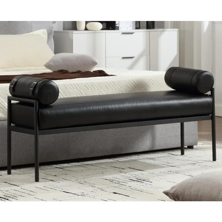 Black Leather Modern End of Bed Bench Upholstered Entryway Bench with Detachable Cylindrical Pillows Metal Legs PU Ottoman Benc