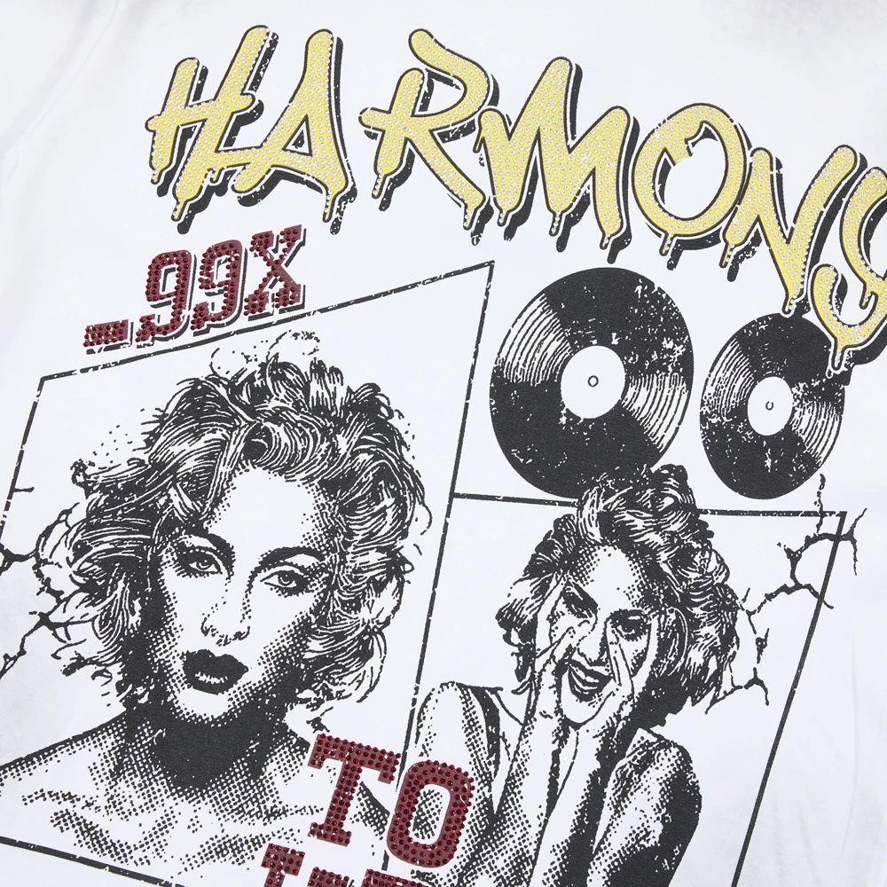 Streetwear Clothing Y2k Graphic T Shirts with Rhinestones Hip Hop Street Style Heavy Weight Terry Cotton Retro Short Sleeve Tees