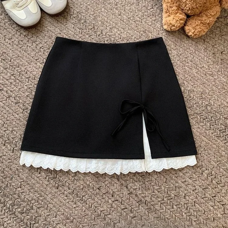 Korean Style Half-skirt Summer Bow 2026 New Style Lace-up Gray Short Skirt for Commuting and Casual College Style
