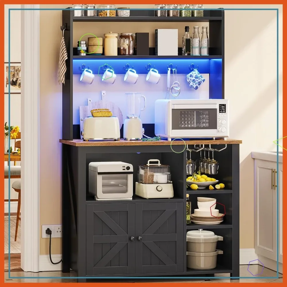 

Барный шкаф для кофе 35,4 дюйма с розеткой, светодиодной подсветкой, местом для хранения и держателем для вина - черный