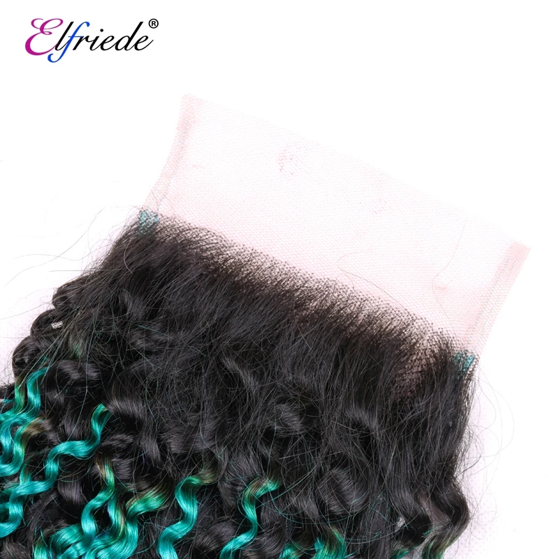 Elfriede #T1B/Light Blue/Blue Kinky Curly Ombre Color Hair Bundles with Closure Human Hair Wefts 3 Bundles with Lace Closure 4x4