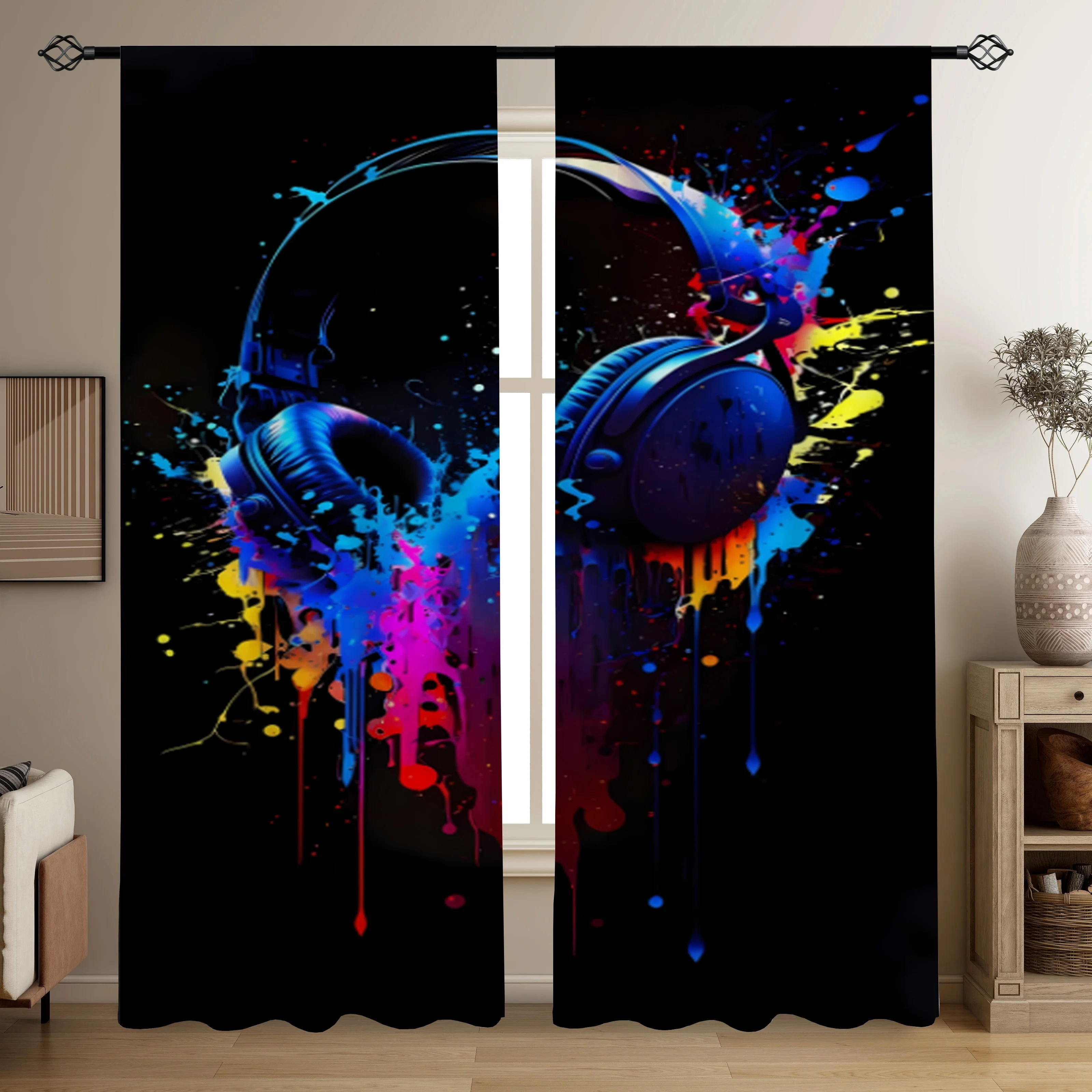 Colorful Headphones Splatter Curtains Music Theme Window Drapes Modern Style for Boys Room Gaming Studio Decor