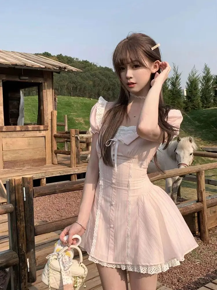 Robe rose à manches bulles pour femmes, Design doux, coupe coréenne, Chic, Kawaii Y2k, nouvelle mode, vêtements d'été mignons et Slim en dentelle