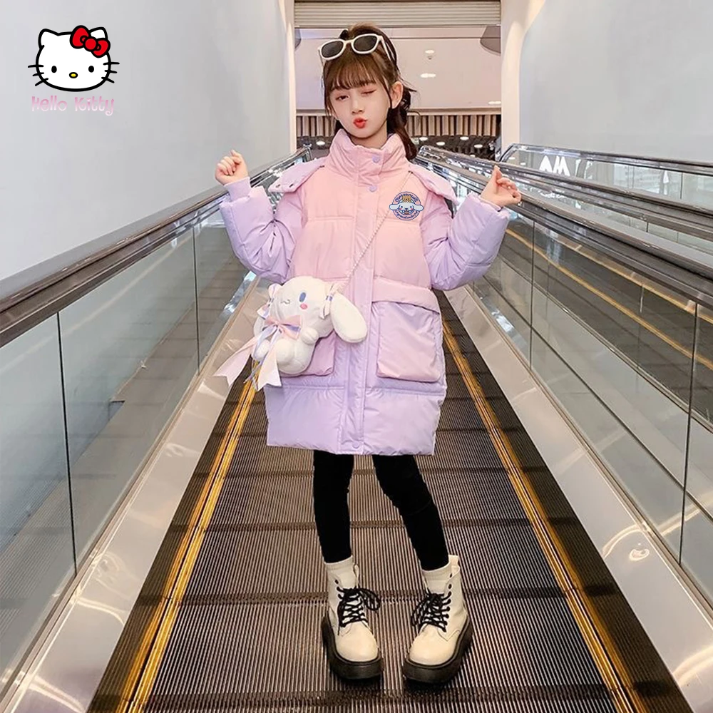 Anime Sanrioed Cinnamoroll Hellokitty Winter Girl Down Jacket Gradient Color Cute Doll Hooded Windbreaker Coat for Kid Outerwear