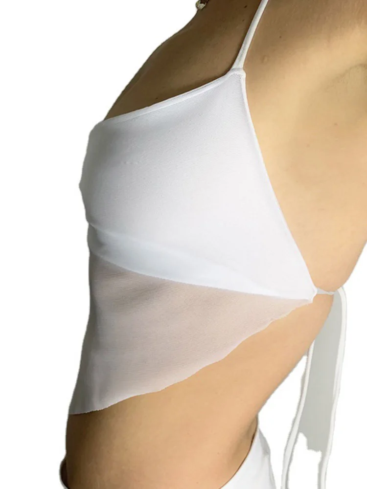 Sexy Transparent y2k Mesh Halter Tops Women V-neck Backless Korean Solid Crop Tops Fashion Korean Camisole 90s Tee Cuteandpsycho