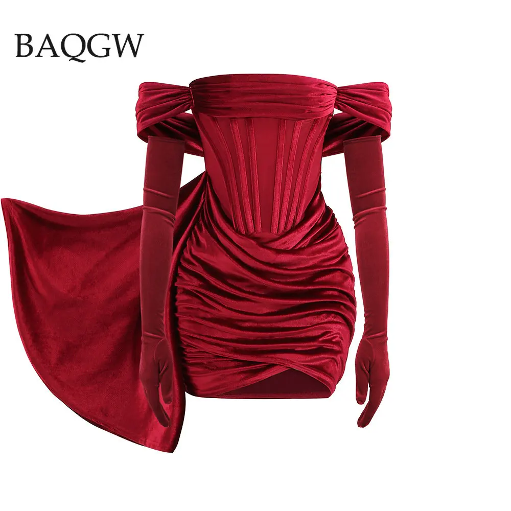 Burgundy Draping Off Shoulder Corset Dress Sexy Velvet Slim Bodycon Mini Dress Women Short Sleeve Evening Dresses with Gloves