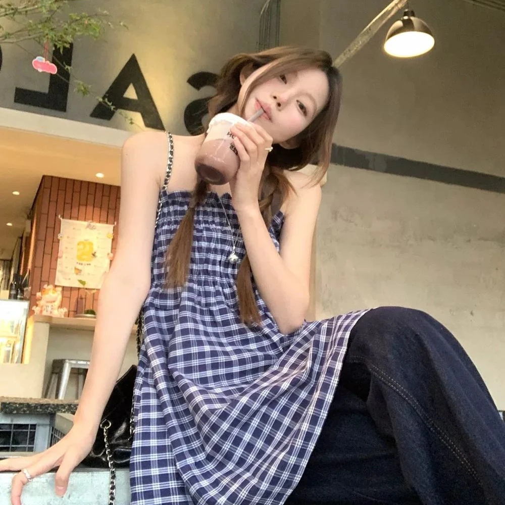 Vestidos sin mangas para mujer, vestido para invitados de boda, otoño, abotonado, cuadros, solapa con paneles, pretina estructurada a cuadros, literario Y2K