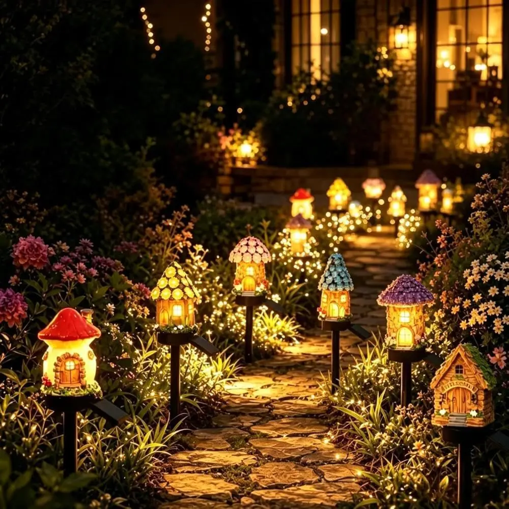 Solar Mushroom House Garden Stake Lights, Set of 6 Resin Fairy Tale Cottage Lamps for Outdoor Yard Patio Lawn Pathway Decor
