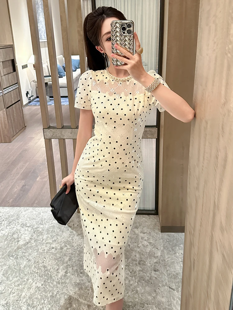 Women Clothes Retro Lace Dot Print Sheer Pearl O-Neck Slim Midi Pencil Dress Elegant Lady Fashion Party Vestidos Formal Occasion