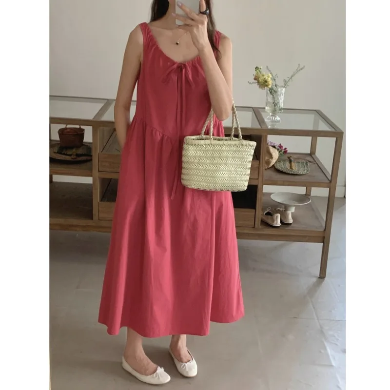 Lace-up Bow Vestidos Mujer Sleeveless Dress 2 Ways Wear Vestido Elegant 2025 Woman Dresses Summer High Waist Pockets Robes