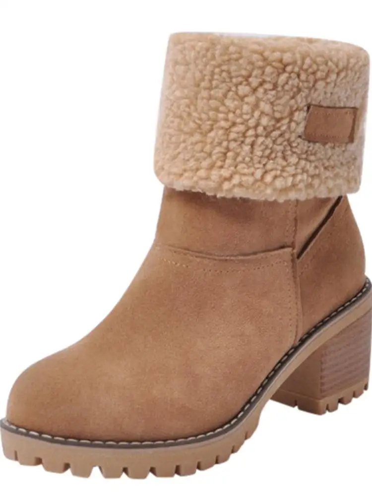 

Women's Mid-Calf Faux Fur Lined Snow Boots Chunky Heel Flat Winter Warm Cotton Bootie Elastic Soet Sle Rubber Outsole