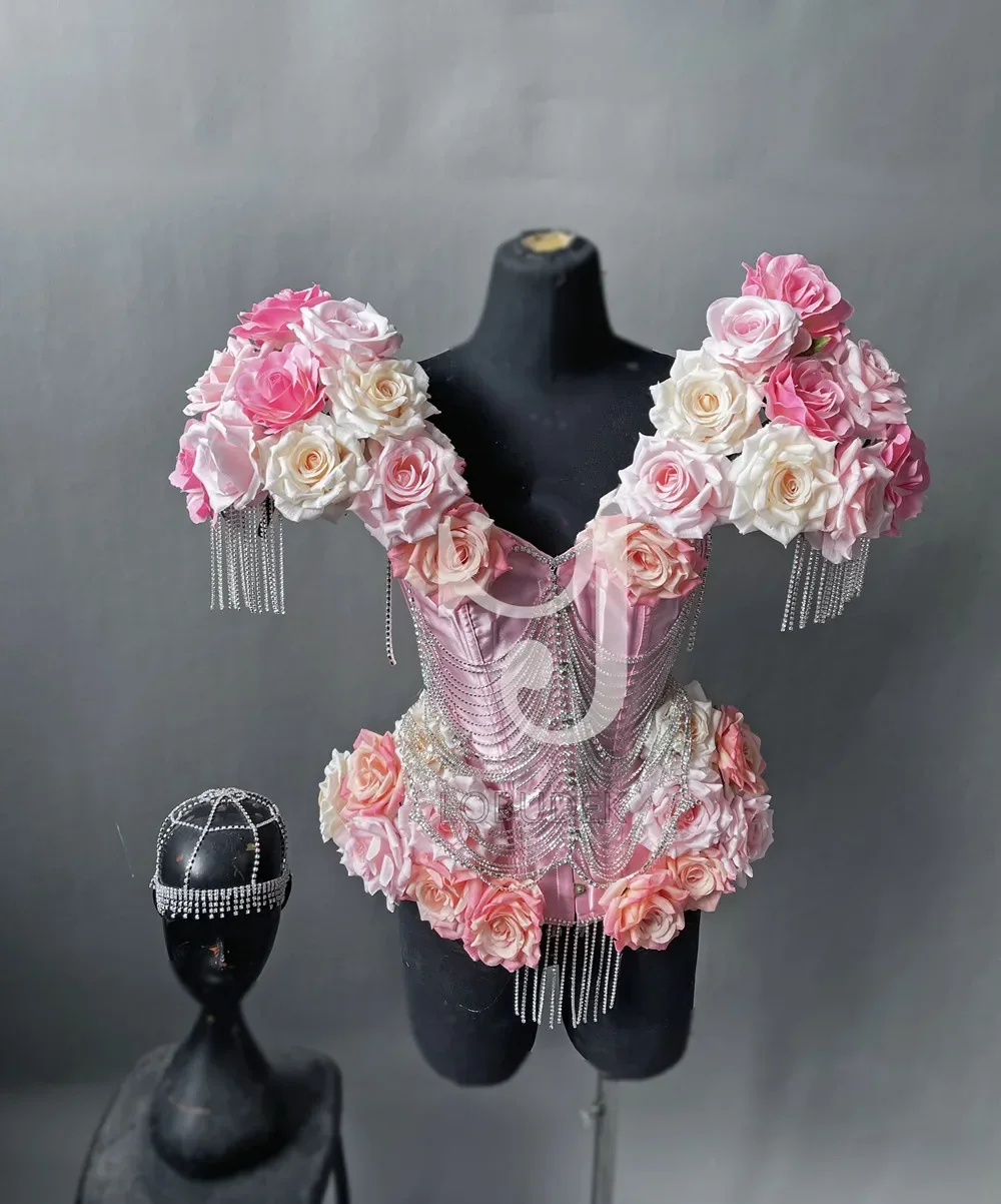 Pink Flower Rhinestones Tassel Chains Bodysuit Sexy Stage Wear Bar Concert Star Singer Festival Performance Drag Queen Costume