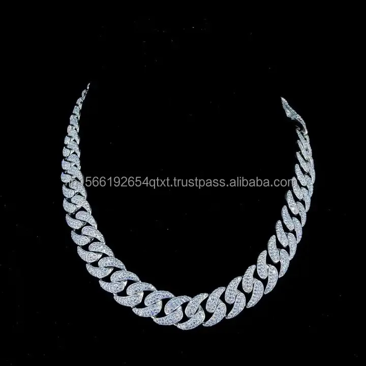 Moissanite VVS High Quality Diamond Cuban Chain 925 Sterling Silver White Gold Plated IGI Certified Brilliant Cut Necklace.