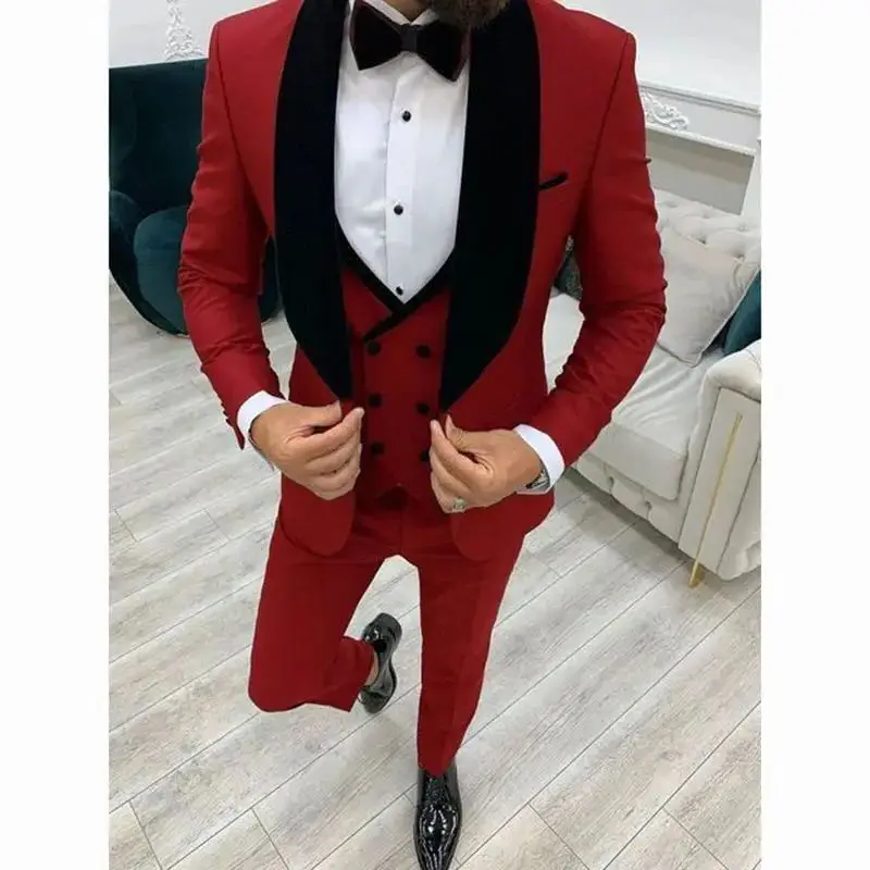 

Latest Business Men Suit 3 Piece Male Dress Custom Made Groom Wedding Suits Best Man Tuxedo Black Shawl Lapel Blazer Vest Pants