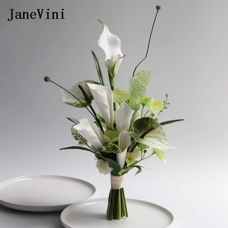 

JaneVini White Calla Lily Bridal Bouquet Pink Bridesmaid Small Bride Bouquets Artificial Flowers Weddings Decoration Accessories