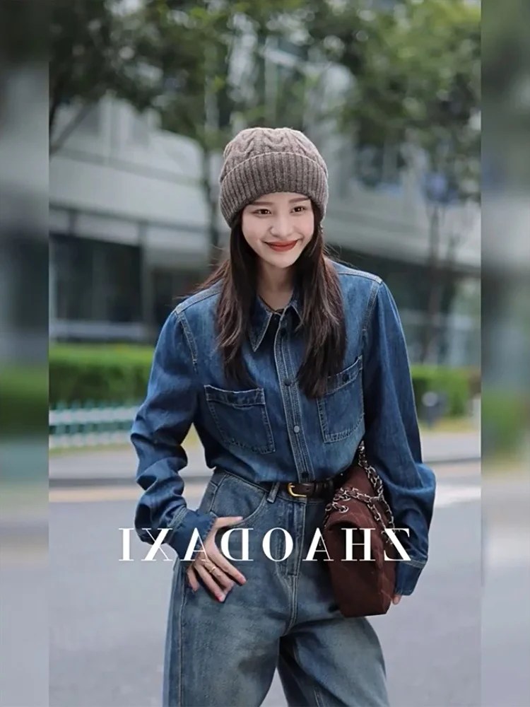 

Retro Blue Denim Shirt Women's New Style Spring Autumn Small Size Top Layered Base Layer Blue Shirt Coat Winter