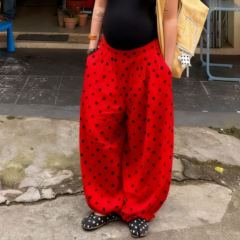 خمر البولكا نقطة واسعة الساق البنطلون السراويل النسائية الخريف في سن المراهقة فتاة كسول فضفاضة تناسب السراويل الطويلة الأمريكية الرجعية Preppy الشارع الشهير #3