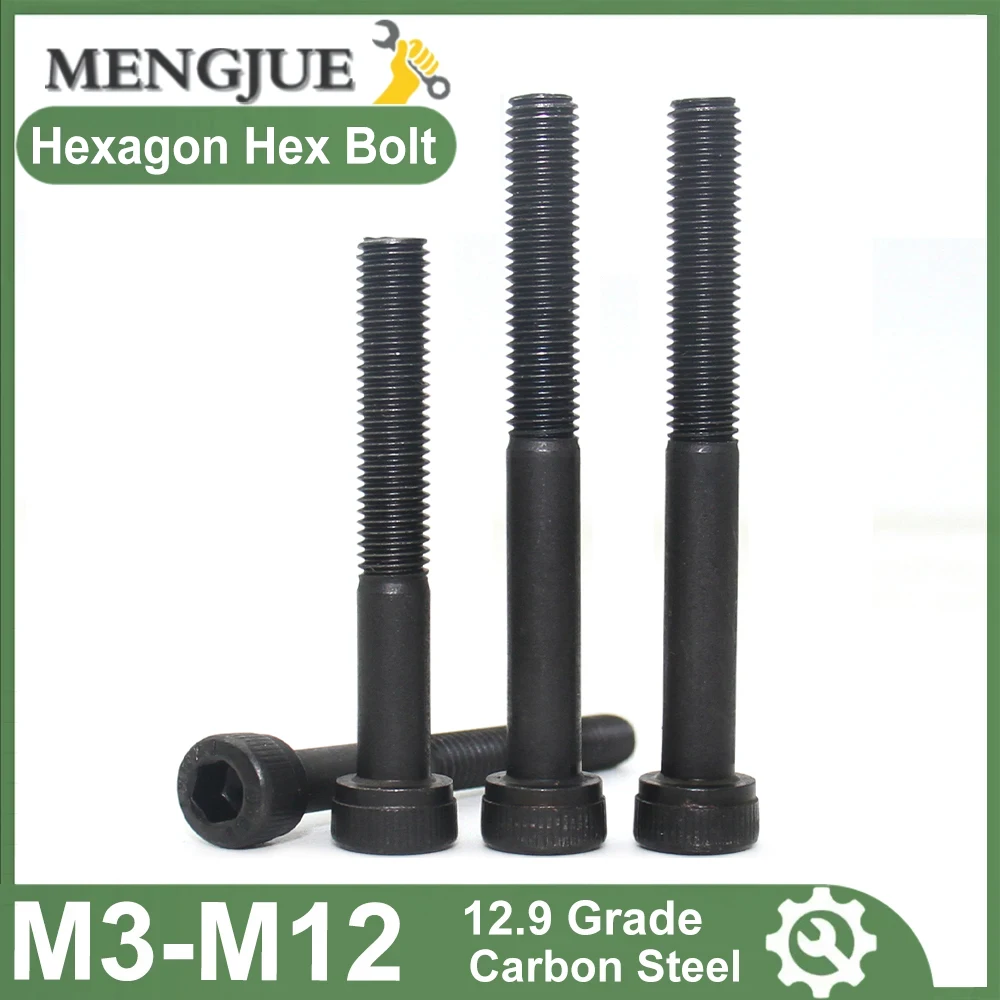 1/2/5pcs M3 M4 M5 M6 M8 M10 M12 Black Grade 12.9 Steel Lengthened Long Allen Hexagon Hex Socket Cap Head Screw Bolt Half Thread