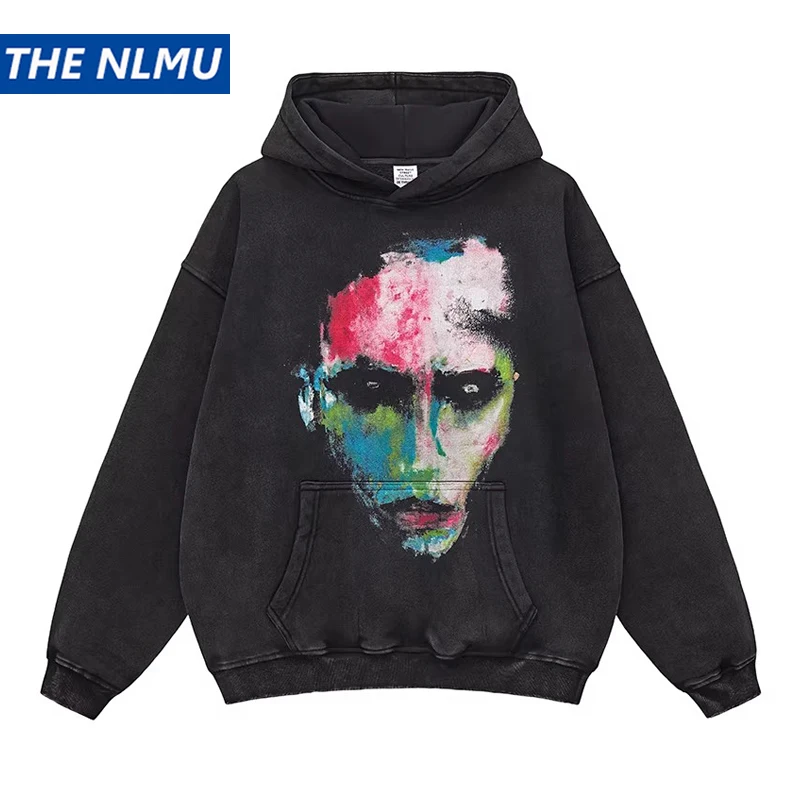 2026 Spring Street Loose Hoodie Vintage Washed Paint Printed Pullover Unisex Oversized Sweatshirt Streetwear Top