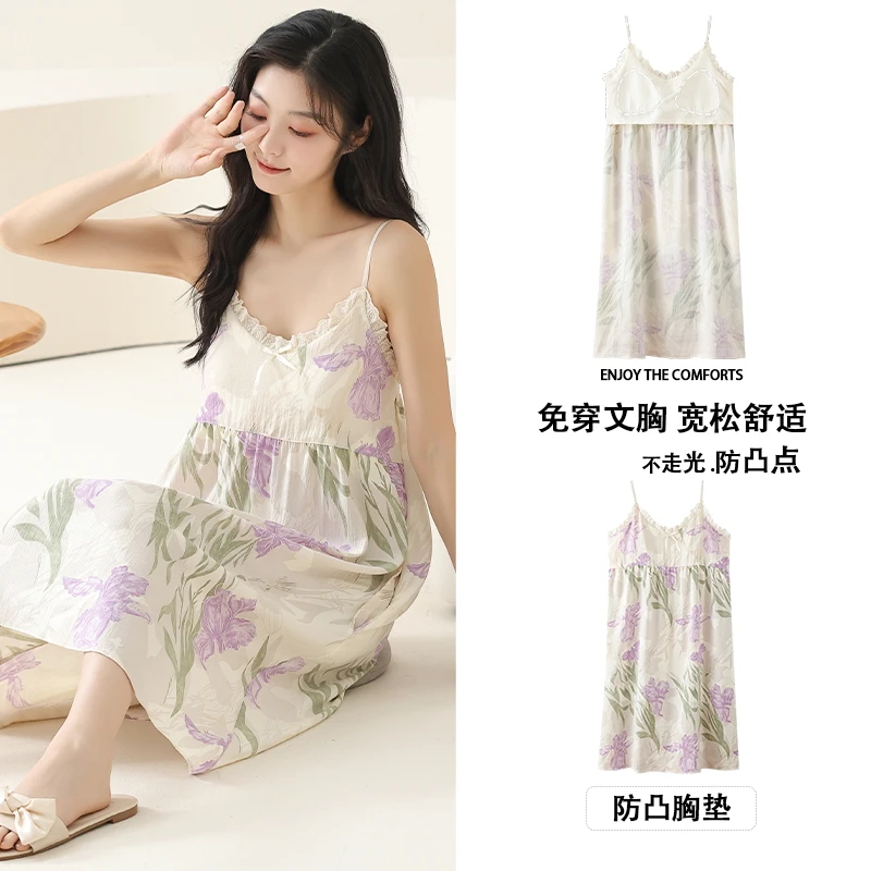 Summer Sleep Dress For Women New Loose Fitting Home Wear with Bra Pad Sleepwear for Women Nightgown night dress women Dropship