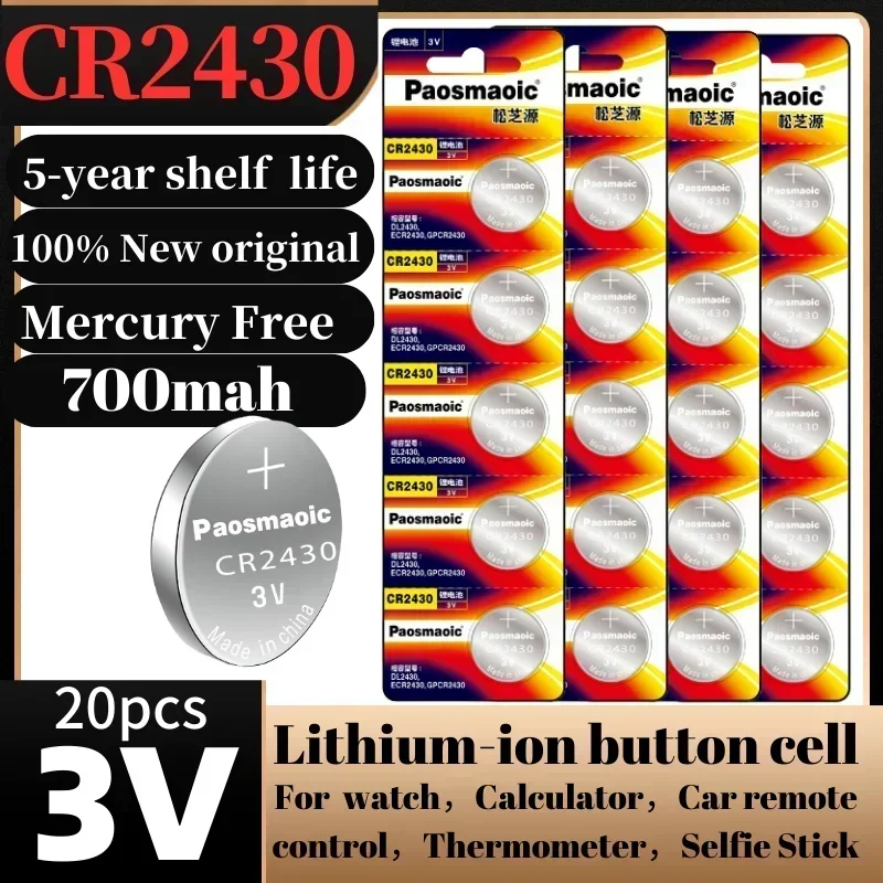 

20pcs cr2430 3V Lithium-ion button cell CR 2430 DL2430 BL2430 For Watch Toy Calculator Car Key Remote Control coin cell battery