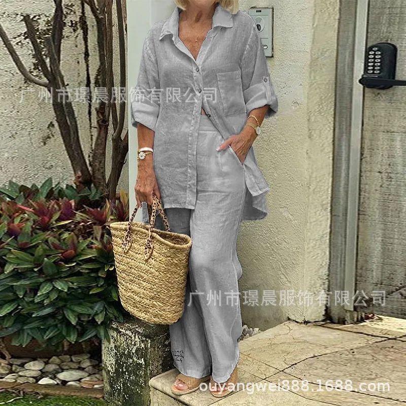 

Summer Cotton Linen Casual Home 2 Piece Set For Women Fashion White Long Sleeve Shirt And Shorts Two Piece Sets Tracksuit 2025