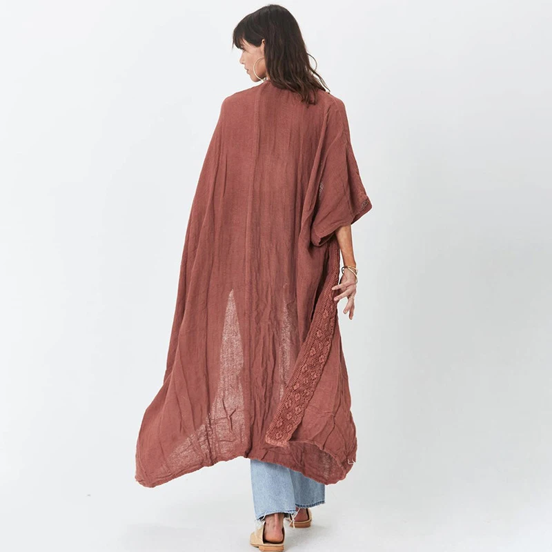 Women Summer Cardigans Flowy Comfortable Loose Fit Kimono Patchwork With Lace Appliques Elegant Chic Coats Solid Color Robe Boho