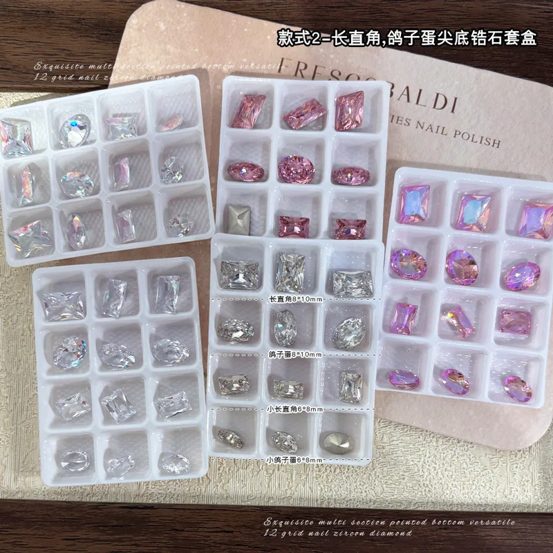 12 szt. Cyrkonie 3D do zdobienia paznokci, 6-10mm, mieszane kwadraty/serce/owale, diamentowe ozdoby do paznokci, błyszczące akcesoria do manicure DIY