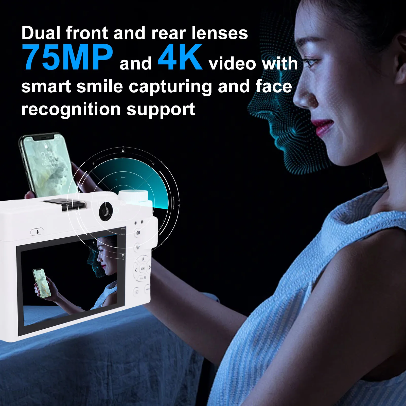 Mirrorless Camera Autofocus 18x Digital Zoom WiFi Dual Lens Digital Camera Hot Shoe 4K 75MP HD with Flashlight for Photography