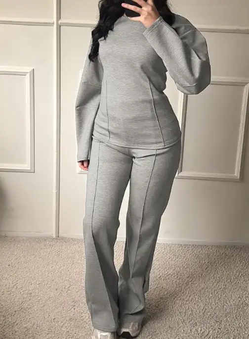 Herfst casual losse 2-delige set effen kleur ronde hals pitstreep gesplitste top en hoog getailleerde broek met rechte pijpen