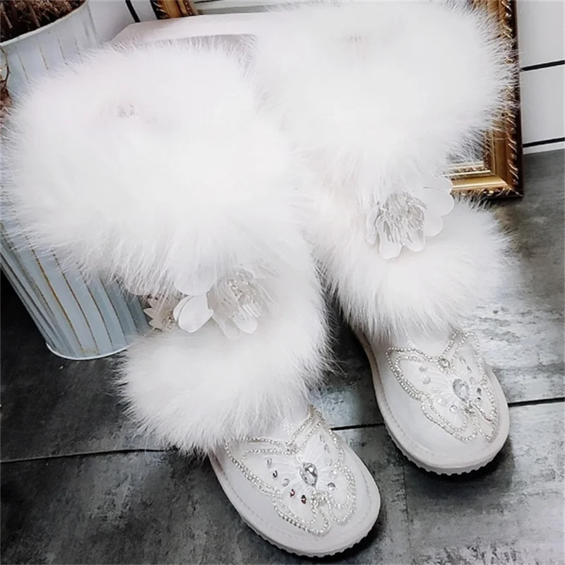 Large fox hair high tube thick warm snow boots handmade custom fur one white diamond women's cotton shoes 35-40