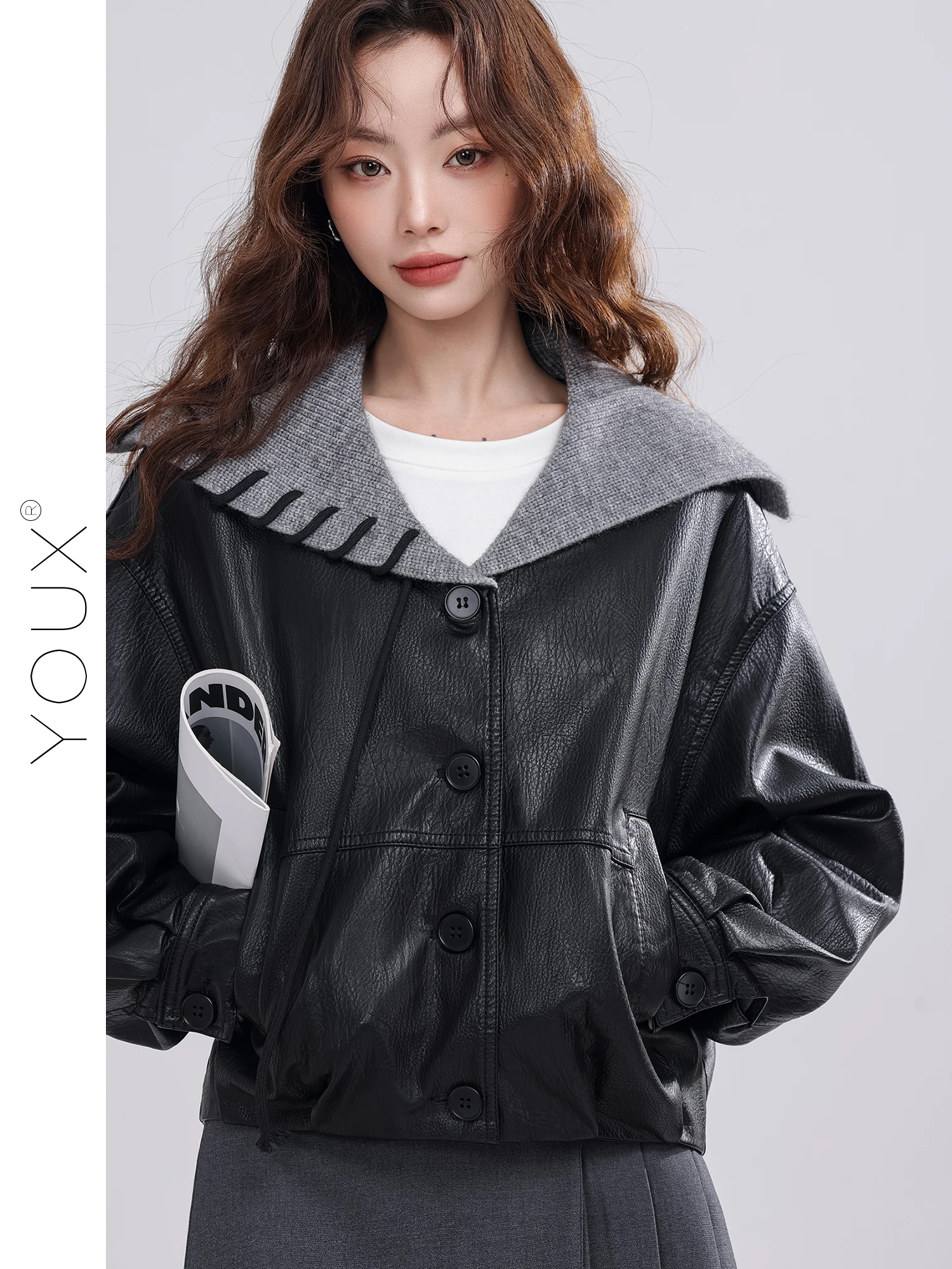 

Женская кожаная куртка St Germain с вязаным воротником и вставками, модная осенняя новинка, молодежная повседневная модель с длинными рукавами