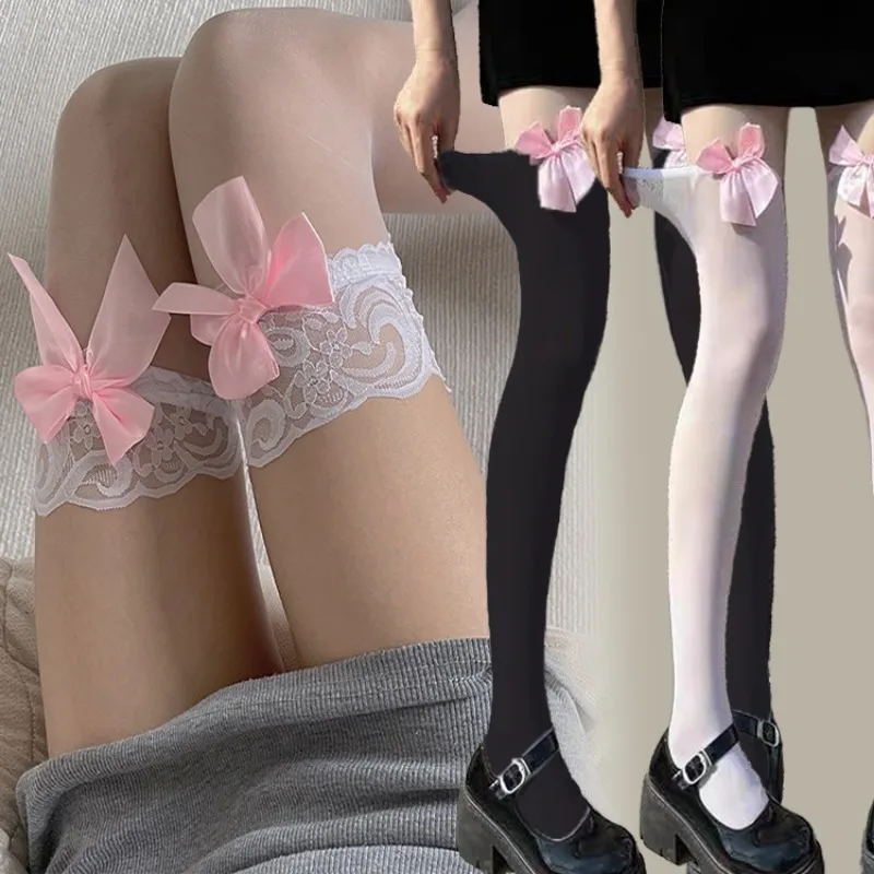 

Pink Bowknot Lace Stockings Women Sexy Thin Nylon Knee High Silk Socks Thigh High Long Stocking Lolita Girls Over-knee-socks