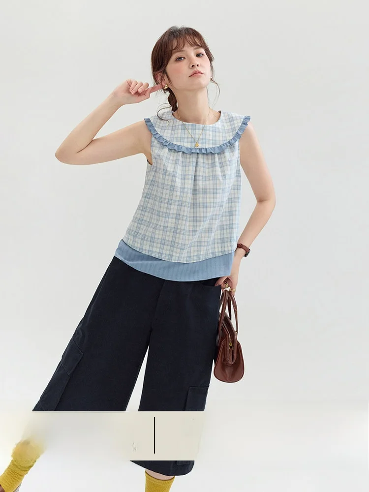 

AMUU Original Color Block Floral Lace Blue Plaid Vest Shirt Women Summer New Pure Cotton Sleeveless Top Korean Style Loose Fit