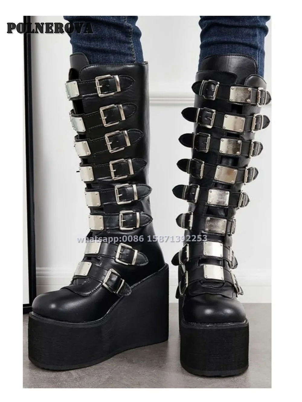 

Belt Buckle Metal Decoration Platform Boots Round Toe Thick Sole Punk Cool Dark Knee High Boots Spicy Girl Plus Size Shoes 2024