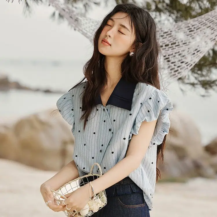 Camicetta a maniche corte a pois da donna Nuovo top snellente stile estivo con design unico ed eleganza francese