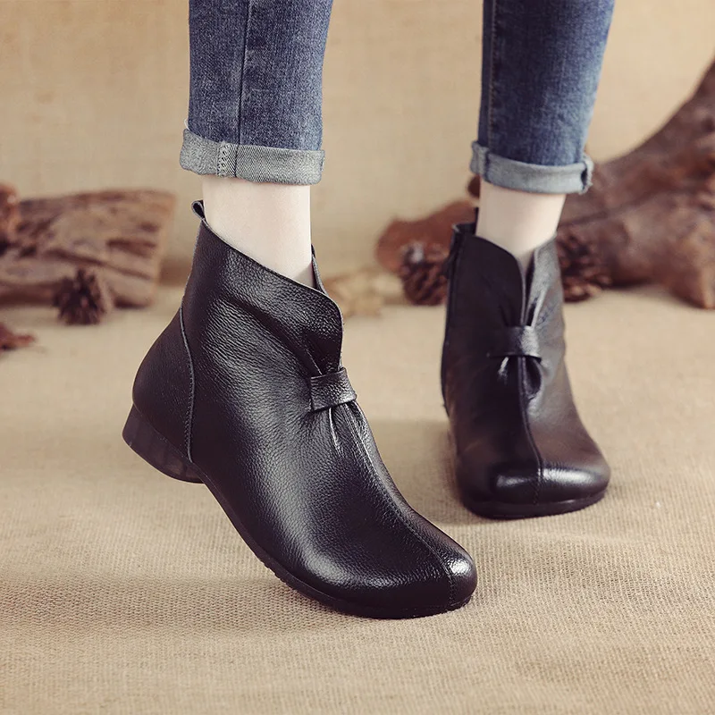 New 2022 Cowhide Casual Low-Heeled Ankle Boots Korean Version Soft-Soled Leather Women\'s Boots Large Size Cotton Shoes Winter