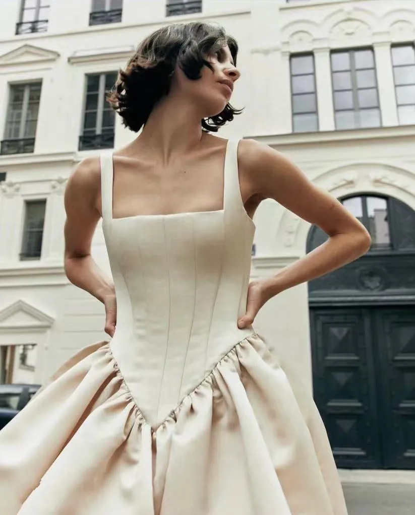 Robe de bal longue en Satin plissé, col carré, à la mode, pour occasions formelles, longueur cheville, drapée, Maxi, sur mesure