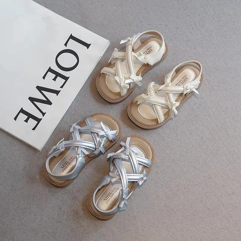 

Kids'Casual Sandals PU Leather Bow Summer Fashion Outdoor Breathable Shoes For Girls Anti-slip Silver White Shoes Size 26-37