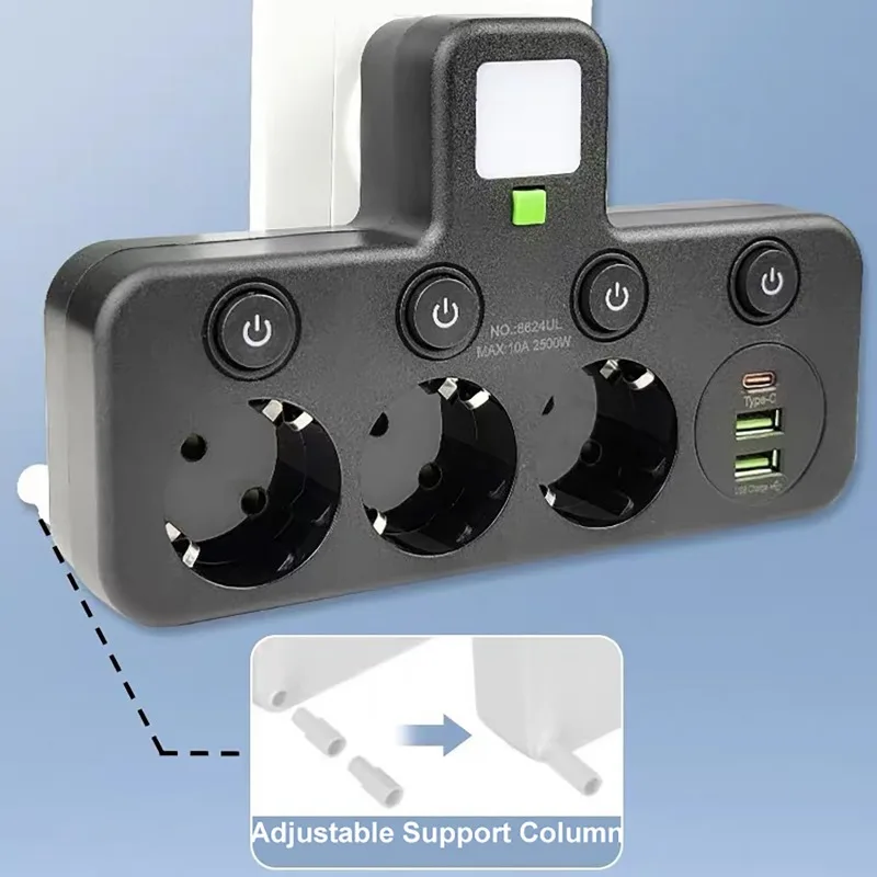 EU Multifunction Socket Switch USB Fast Charging Independent Control Multi-port Power Strip Overload Protection for Home Office