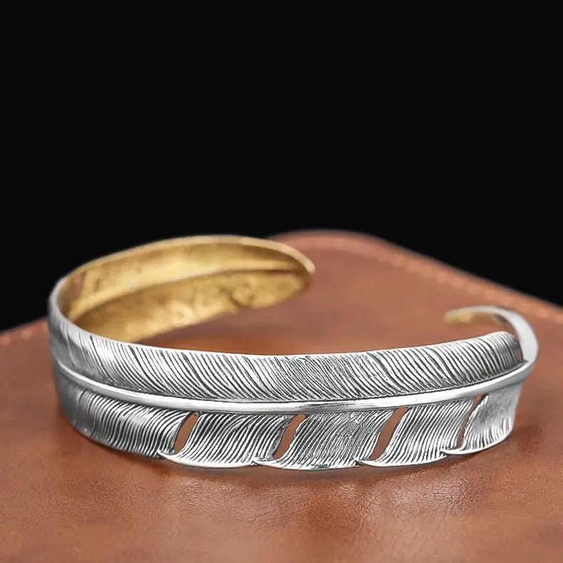 925 Sterling Silver Gold Tail High Bridge Feather Bracelet with Open Handmade Boutique Fashion Men's Wide Band Indian Style