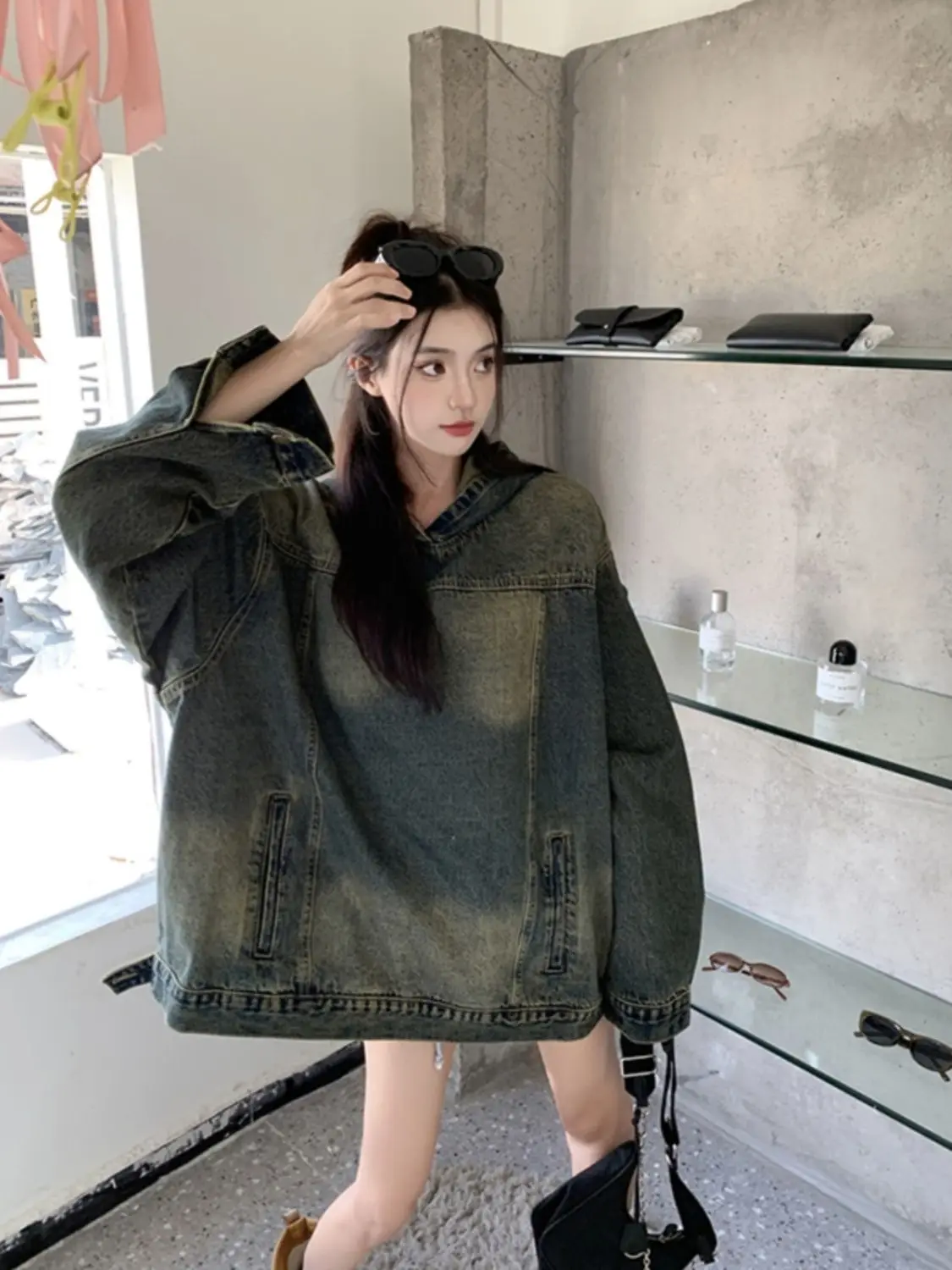 

Korea Hoodie Women Denim American Style Old-Fashioned Hooded Sweater Jacket New Design Sense Retro Loose Pullover Casual