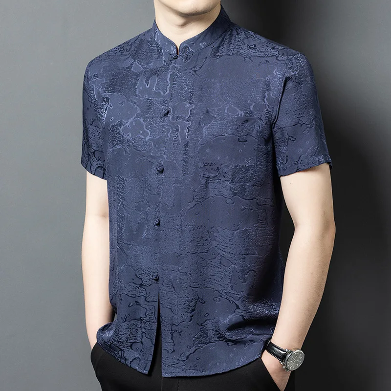

High Quality Real Silk Summer High-Grade Suit Short Sleeve Men's Clothing for Middle-Aged Dad Thin Breathable Shirt Top
